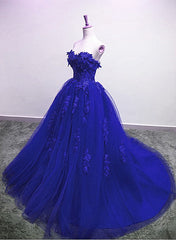 Royal Blue Tulle Strapless Ball Gown Long Prom Dress, Blue Party Dress 2021
