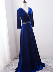 Beautiful Royal Blue Beaded Long Sleeves Wedding Party Dress, Blue Prom Dress