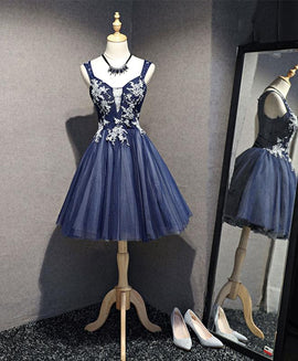 Charming Knee Length Bridesmaid Dress, Navy Blue Homecoming Dress