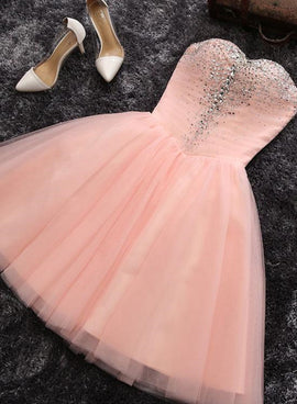 Pink Sweetheart Beaded Tulle Short Party Dress, Cute Formal Dresses , Woman Formal Dresses