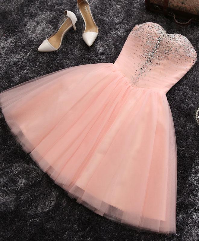 Pink Sweetheart Beaded Tulle Short Party Dress, Cute Formal Dresses , Woman Formal Dresses