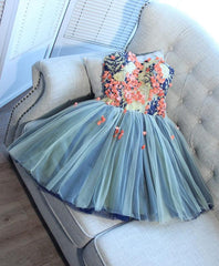 Charming Short Party Dress , Tulle Formal Dress with Flower Lace Applique