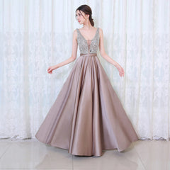 V-neckline Soft Satin Sequins Top A-line Prom Dress, Beautiful Party Dress Evening Dress