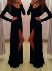 Sexy Long Sleeves V-neckline Party Dresses, Slit Black Formal Dresses, Evening Gowns
