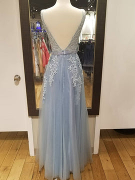 Grey Tulle Prom Gown , V-neckline Tulle Formal Dress, Junior Party Dresses