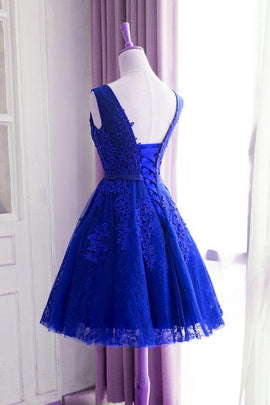 Royal Blue Lace Applique Tulle Knee Length Homecoming Dress, Charming Short Prom Dress