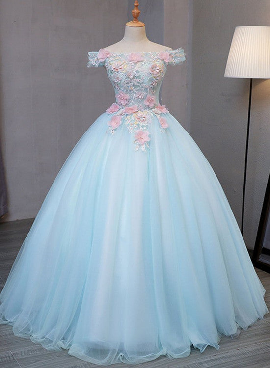 Light Blue Off Shoulder Tulle Princess Sweet 16 Dresses, Gorgeous Blue Gown