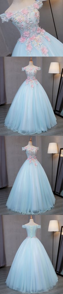 Light Blue Off Shoulder Tulle Princess Sweet 16 Dresses, Gorgeous Blue Gown
