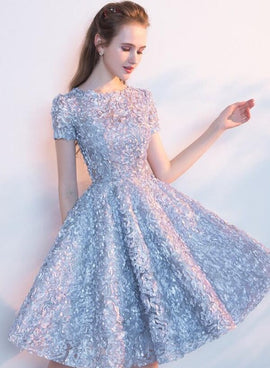 Sliver Grey Floral Lace Homecoming Dress, Scoop A-line Knee-length Lace Short Prom Dress