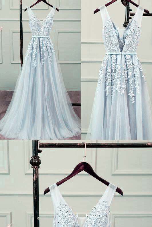 Pretty Tulle V-neckline Lace Applique Prom Dress, Long Bridesmaid Dress Formal Dress
