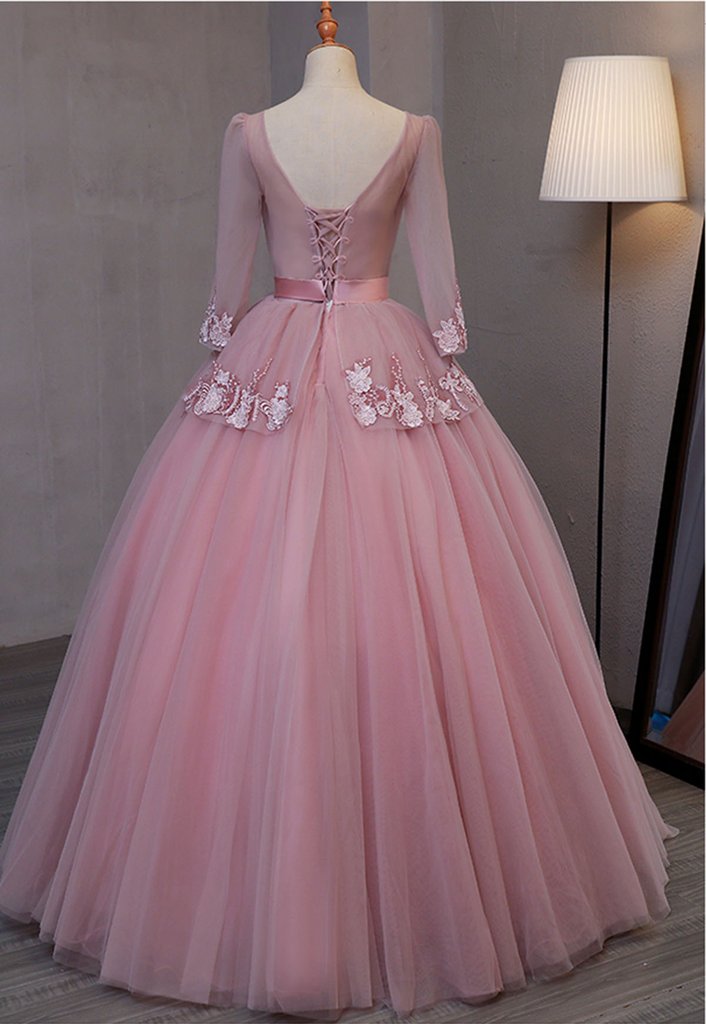 Dark Pink V-neckline Ball Gown Lace Applique Sweet 16 Dress, Pink Prom Dress Party Dress