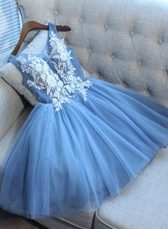 Blue Tulle Lace Applique with Beadings Homecoming Dresses, Blue Party Dresses