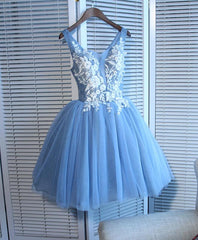 Blue Tulle Lace Applique with Beadings Homecoming Dresses, Blue Party Dresses