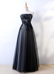 Black Tulle Applique Long Lace-up Party Dress, Blue Formal Dresses, Bridesmaid Dresses