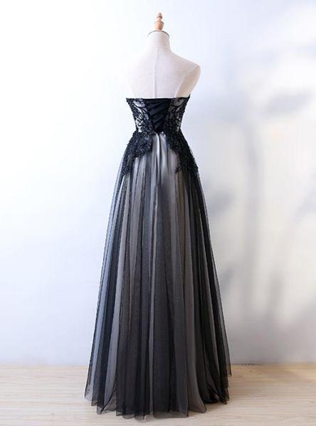 Black Tulle Applique Long Lace-up Party Dress, Blue Formal Dresses, Bridesmaid Dresses