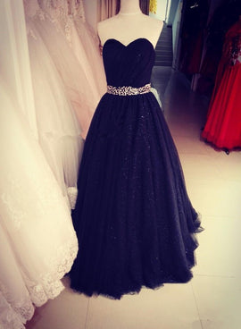 Black Sweetheart Tulle Long Party Dress, Stunning Black Sequins Prom Dress