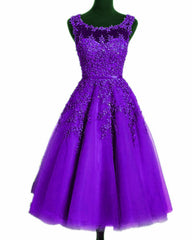 Beautiful Tea Length Purple Round Neckline Bridesmaid Dress, Lace Appplique Party Dress