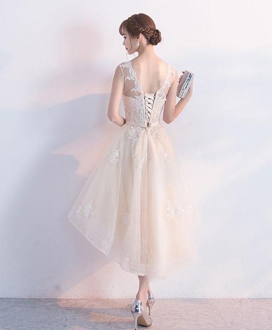 Champagne Lace Round Neckline High Low Tulle Formal Dress, Cute Party Dresses