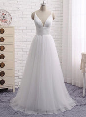 Charming White Tulle V-neckline Straps Party Dress, Simple Beach Wedding Dress