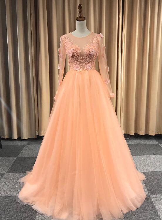 Light Orange Tulle Long Sleeves with Lace Party Dress, Long Prom Dress Formal Dress