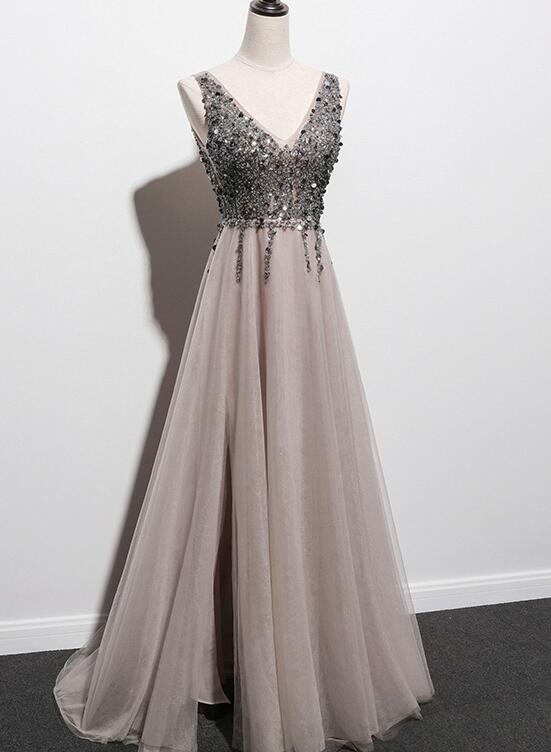 Stylish Tulle Slit V-neckline Beaded Long Party Dress, Tulle Prom Dress 2021