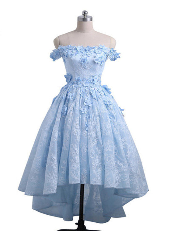 Ice Blue Off Shoulder High Low Party Dresses, Handmade Formal Gowns, P – Cutedressy