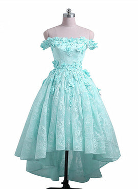 mint green lace high low party dress