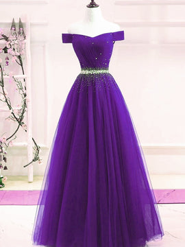 Purple Tulle Off Shoulder Long Party Dress, Beaded A-line Prom Dress