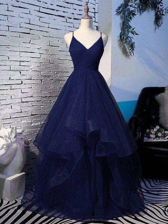 Charming Spaghetti Strps Navy Blue Prom Dress 2021, Tulle Layers Long Evening Gown