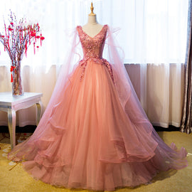 Pink Tulle Sweet 16 Party Dress with Lace Applique, Long Formal Gown