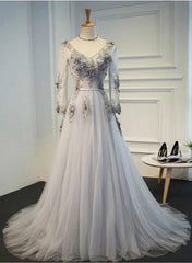 Beautiful Light Grey Tulle V-neckline Long Prom Dress, Floral Grey Evening Gown
