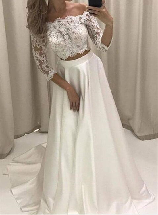 White Satin and Applique Two Piece Prom Dress, Short Sleeves Party Dress, Junior Prom Dress