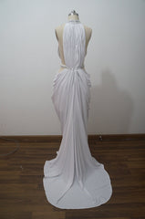 Sexy Halter Spandex with Beaded Long Formal Gown, White Evening Party Dress