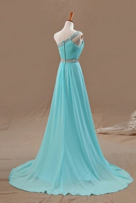 Beautiful Chiffon Light Blue One Shoulder Prom Dress, Long Blue Evening Gown