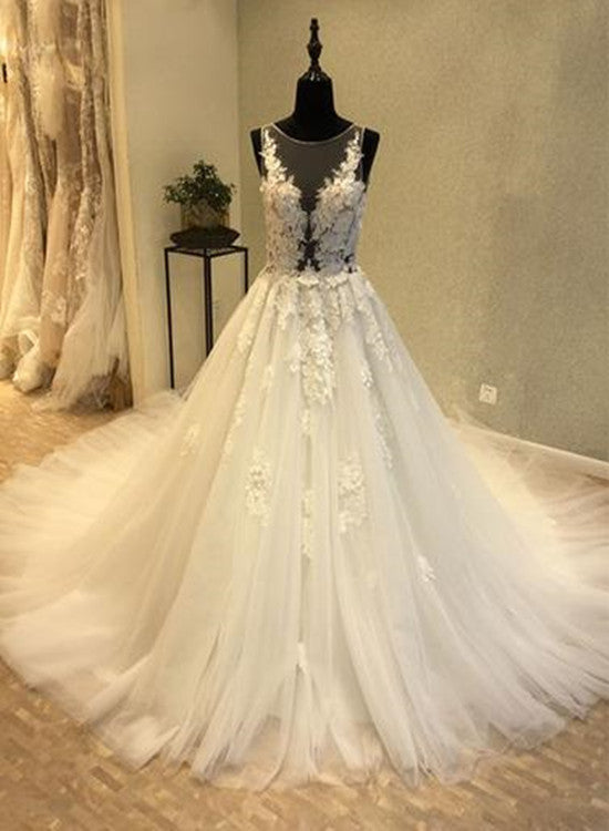 White Tulle Wedding Gown, Simple Wedding Dress, Wedding Prom Dress