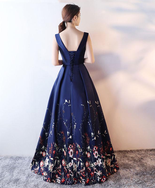 Navy Blue Satin and Floral Floor Length Party Gowns, Prom Dresses  Formal Gowns