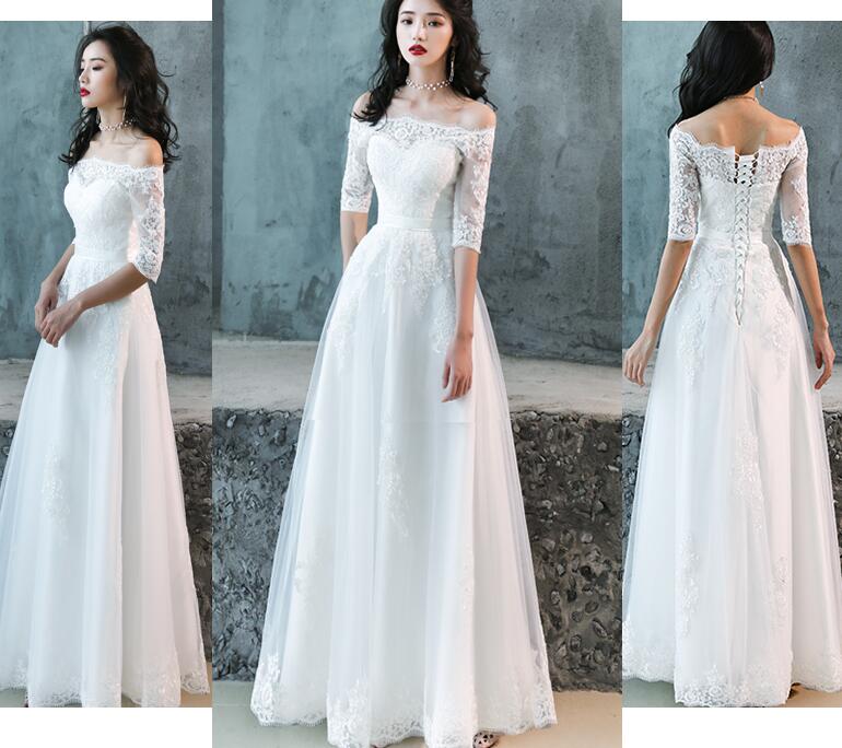 Charming Simple Tulle White Short Sleeves Wedding Dress with Lace, A-l ...
