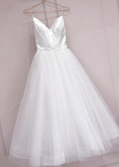 Simple White Tulle with Satin V-neckline Tea Length Wedding Dress, Simple White Party Dress