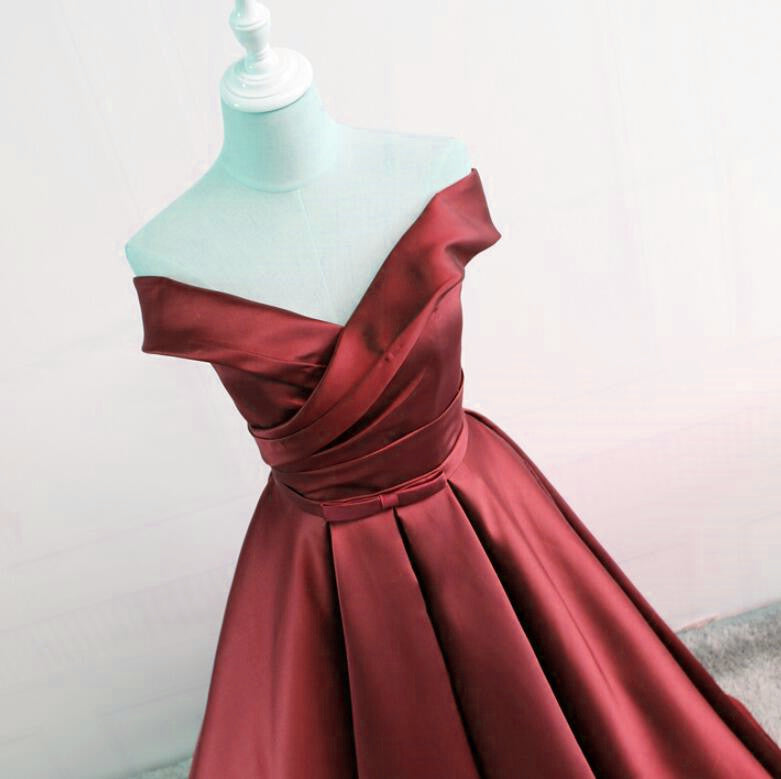 Wine Red Off Shoulder Satin Prom Dresses , Formal Gowns, Party Dresses