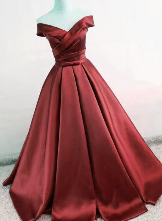 Wine Red Off Shoulder Satin Prom Dresses , Formal Gowns, Party Dresses