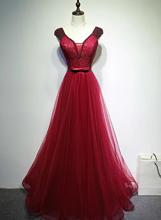 Wine Red Sexy V-neck Beaded Tulle Long Prom Dress, Dark Red Tulle With Applique Evening Dresses