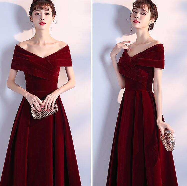 Elegant Wine Red Long Off Shoulder Velvet Party Dress, A-line Long Pro ...