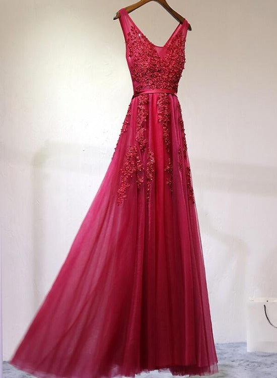 Fashionable Wine Red V Back Tulle Long Party Dress, A-line Prom Dress