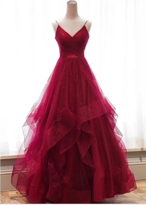 Wine Red Straps Layers V-neckline Long Prom Dress, Dark Red Evening Gown