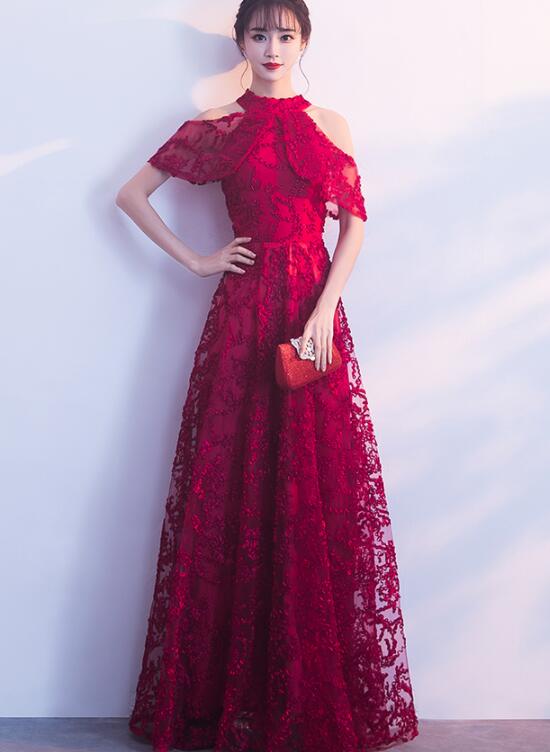 Lovely Halter Neckline Dark Red Lace Long Bridesmaid Dress, A-line Wine Red Prom Dress