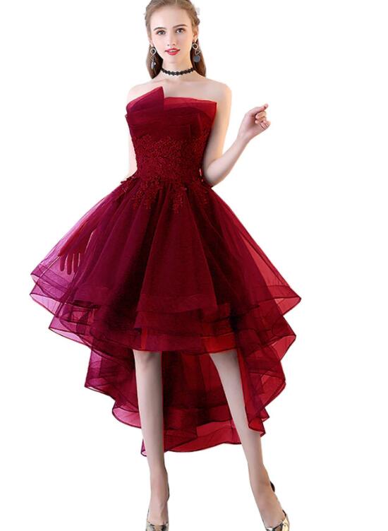 Chic High Low Dark Red Tulle Short Prom Dress with Lace Applique, Tulle Prom Dress
