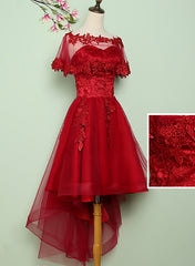 Wine Red Lace Prom Dresses, Tulle High Low Lace Formal Homecoming Dresses