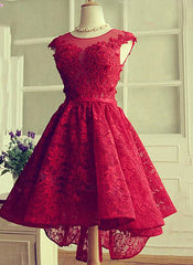 Fashionable Wine Red Lace High Low Party Dress, Lace Homecoming Dress
