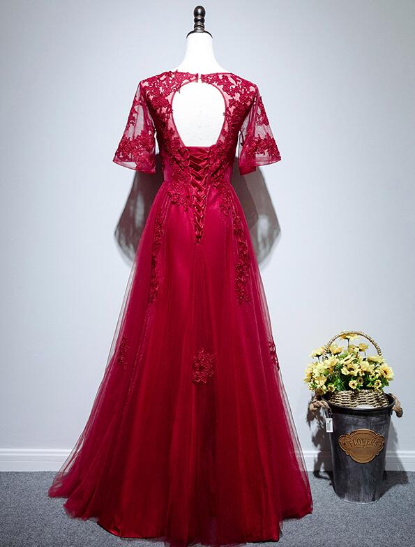 Beautiful Red Short Sleeves Tulle Prom Dress, Red Long Evening Gown Cutedressy Beautiful Red Short Sleeves Tulle Prom Dress, Red Long Evening Gown Cutedressy