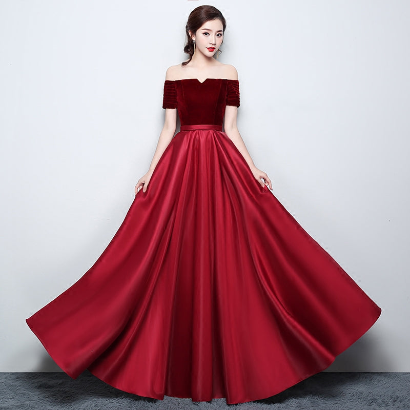Wine Red Satin with Velvet Prom Dress, Off Shoulder A-line Formal Dress Evening Dress